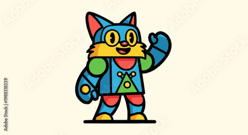 Cartoon cat character in colorful robot suit waving with cheerful expression