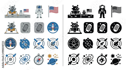 Collection of colorful and monochrome icons representing space exploration, including astronauts, lunar modules, rockets, galaxies, and celestial bodies.