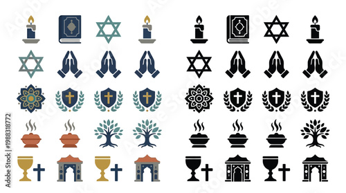 Collection of religious symbols and icons representing various faiths and spiritual practices, presented in both color and silhouette.