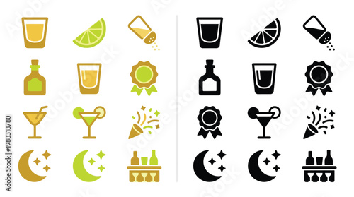 Collection of colorful and monochrome icons representing alcoholic beverages, bar accessories, and nightlife elements.