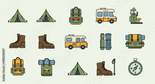 Collection of camping and outdoor adventure gear icons.