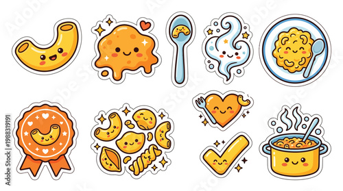 A delightful collection of kawaii-style macaroni and cheese illustrations, featuring cheerful characters and playful designs.