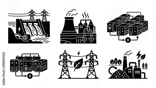 vector icon set of industrial green energy : a hydroelectric dam silhouette, a geothermal power plant icon, a large battery storage system, high-voltage power lines with a leaf, and a biomass energy 