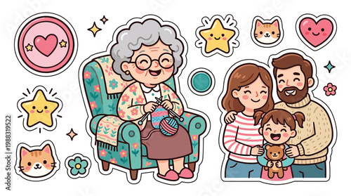 A heartwarming illustration of a loving family and a grandmother knitting, surrounded by cute elements like stars, hearts, and cats.