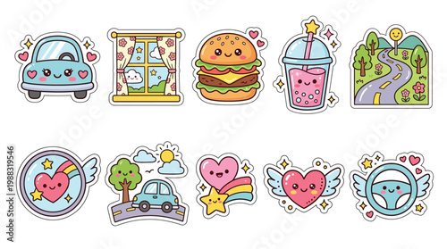 A collection of cute kawaii-style stickers featuring a car, burger, drink, window view, road, hearts, and a steering wheel.