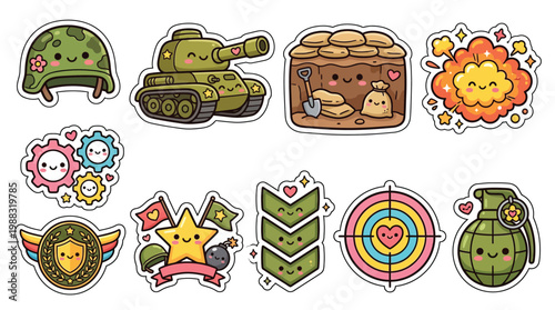 Collection of cute, kawaii-style military-themed illustrations featuring a helmet, tank, bunker, explosion, gears, medal, star, chevron, target, and grenade, all with happy faces.