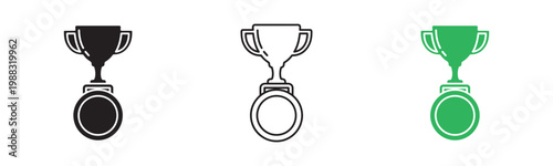 Vector set of winner trophy cup icons in black white and green illustration