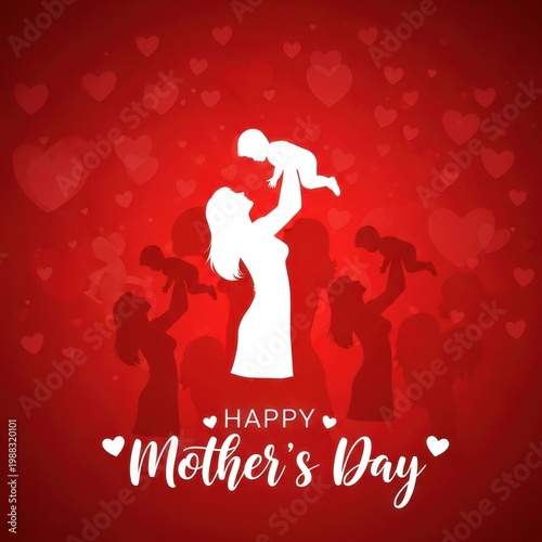 Mother and Child Silhouette with Heart Shapes for Happy Mother's Day Celebration