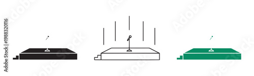 Vector set of stage spotlight and light beam icons in black white and green illustration