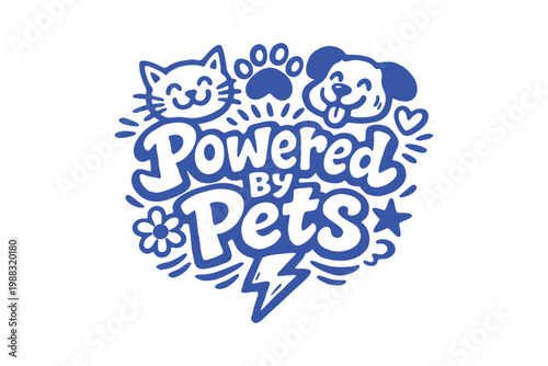 Powered BY Pets Hand-Drawn Blue Doodle Illustration