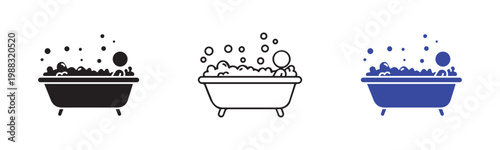 Vector set of bathtub with soap bubbles icons in black white and blue illustration