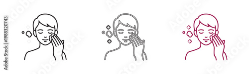 Vector set of woman washing face with water splash icons in black grey and pink illustration