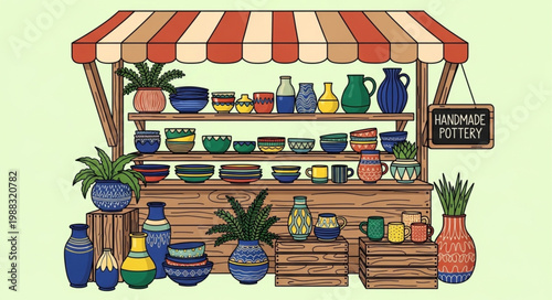 Handmade Pottery Stall Displaying Various Ceramic Items.