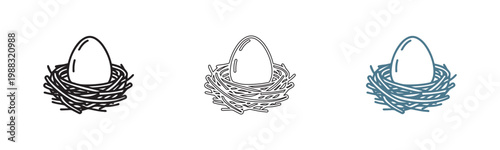 Vector set of bird nest with egg icons in black grey and blue illustration