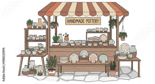 Handmade Pottery Stall Displaying Various Ceramic Items.