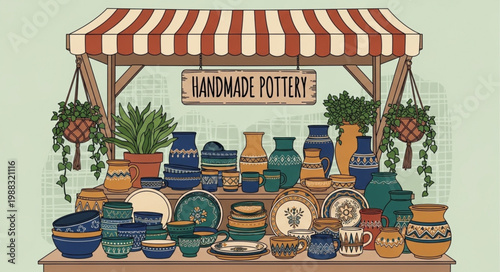 Handmade Pottery Stall Displaying Various Ceramic Vases and Bowls.