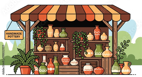 Handmade Pottery Stall Displaying Various Ceramic Vases and Pots.