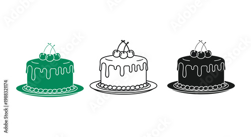 Cake colorful illustrations with cherries on top and icing