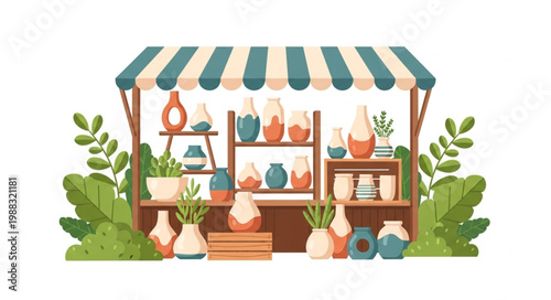 Handmade Pottery Stall Displaying Various Ceramic Vases and Pots.