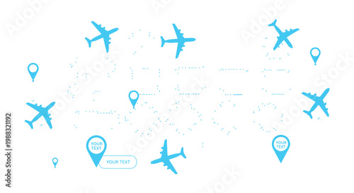 Airplane vector icons with map pin locations on white background