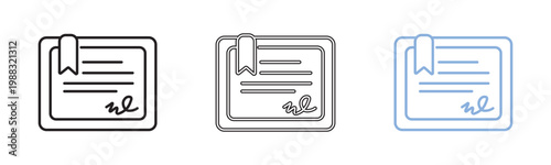 Vector set of document with bookmark and signature icons in black grey and light blue