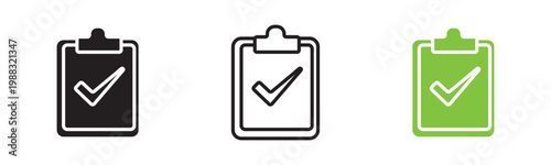 Vector set of checklist clipboard and task icons in black white and green