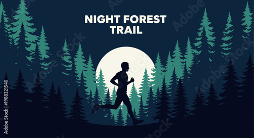 Runner Enjoys Forest Trail Under Moonlight With Silhouette Trees Graphic Design