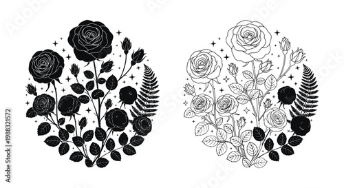 Flower illustration with black and white circular floral designs and leaves