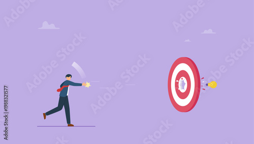 Successful businessman throw light bulb and reach the target. Business achievement, idea accuracy to reach aim concept.