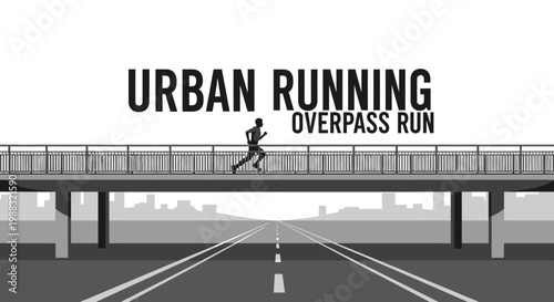 Runner Enjoys Urban Running Over a Bridge in a Contemporary Black and White Drawing