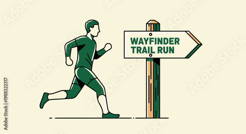 Runner Following Directional Signpost for Trail Run, Green and White Illustration
