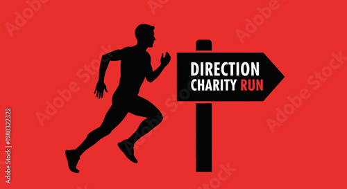 Runner Following Direction Sign To Charity Run, Expressing Determination with Red Background