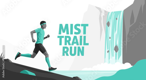 Runner in Action Approaching the Waterfall on the Mist Trail in a Motivational Illustration