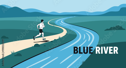 Runner Following River Path Through Natural Scenery, Symbolizing Freedom and Physical Endeavor