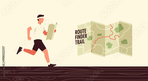 Runner Following Trail Map: Conceptual Illustration of Navigation and Outdoor Adventure