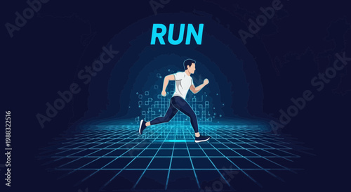 Runner in Digital Metaverse, Concept Illustration Depicting Motion and Futuristic Technology