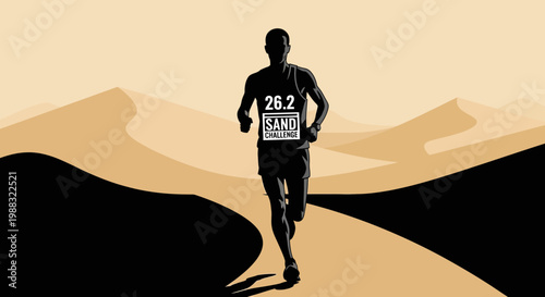 Runner in Desert During Sand Challenge Races Toward the Finish Line in Black and White Silhouette