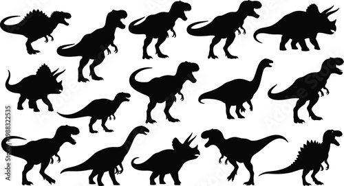Dinosaur, silhouettes, prehistoric, animals, collection, with, Tyrannosaurus, Rex, Triceratops, Brachiosaurus, isolated, on, white, background, ancient, wildlife, jurassic, period, vector, set.