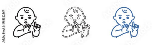 Cartoon set of three cute babies sucking thumb in black grey and blue vector illustration