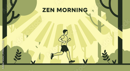 Runner In Forest: Illustrated Design Depicting Zen Morning, Outdoors, Sunlight and Wellness