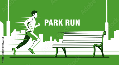 Runner in Motion at Park Near a Bench with a Cityscape and Green Background