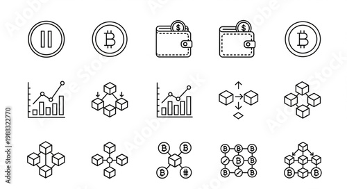 Collection of cryptocurrency and blockchain technology icons.