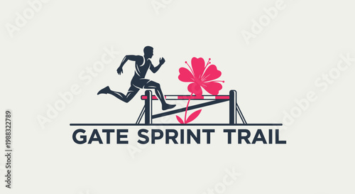 Runner Leaping Hurdle Design With Floral Element And Gate Sprint Trail Text