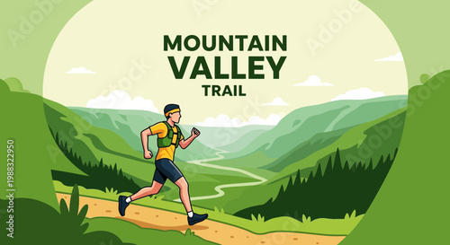 Runner in Mountain Valley Trail: A Vibrant Illustration of Sporty Endurance and Nature