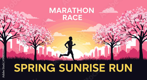Runner Navigates Cityscape Amidst Blooming Cherry Trees At Sunrise Marathon