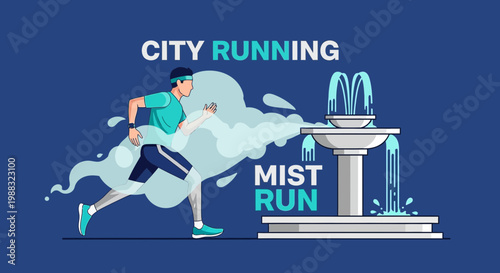 Runner Near Fountain in the City Environment, Concept of Healthy Lifestyle and Exercising