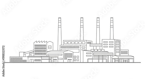 Industrial Factory Building Complex with Smokestacks.