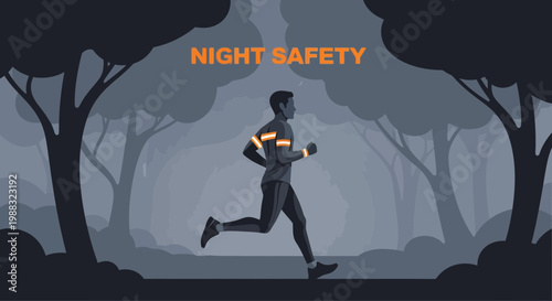 Runner Night Safety in Forest Illustration Demonstrating Visibility and Awareness for Protection