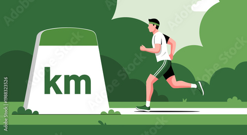 Runner Reaching Kilometer Milestone On Path In Vibrant Green Park Near the Distance Marker