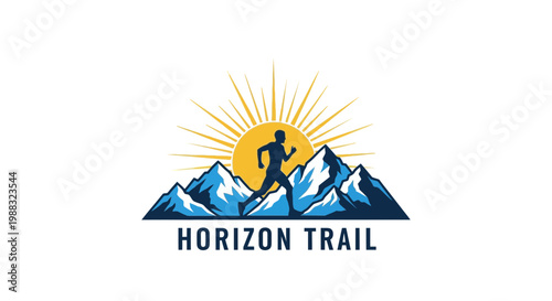 Runner Reaching Horizon Atop Majestic Snowy Mountains With Radiant Sun Symbol